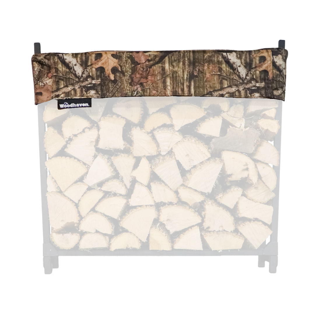 The Woodhaven Short Firewood Rack Mossy Oak Camouflage Cover size 3'