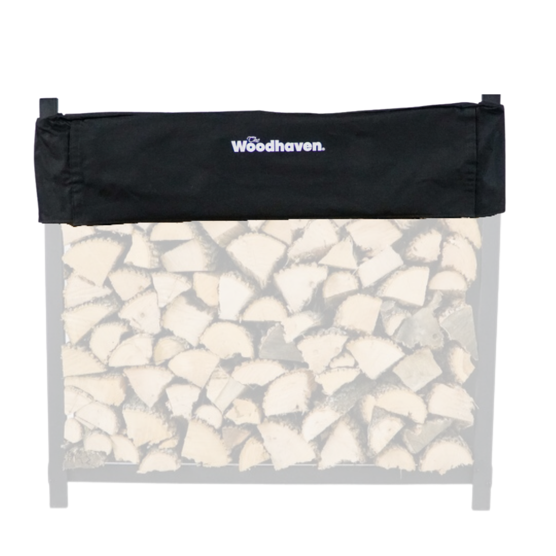The Woodhaven Short Firewood Rack black top and white Cover size 4'