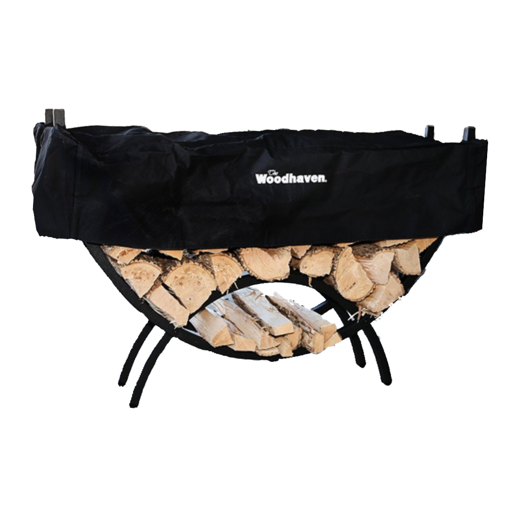 The Woodhaven 5ft Crescent Firewood Rack with half black cover
