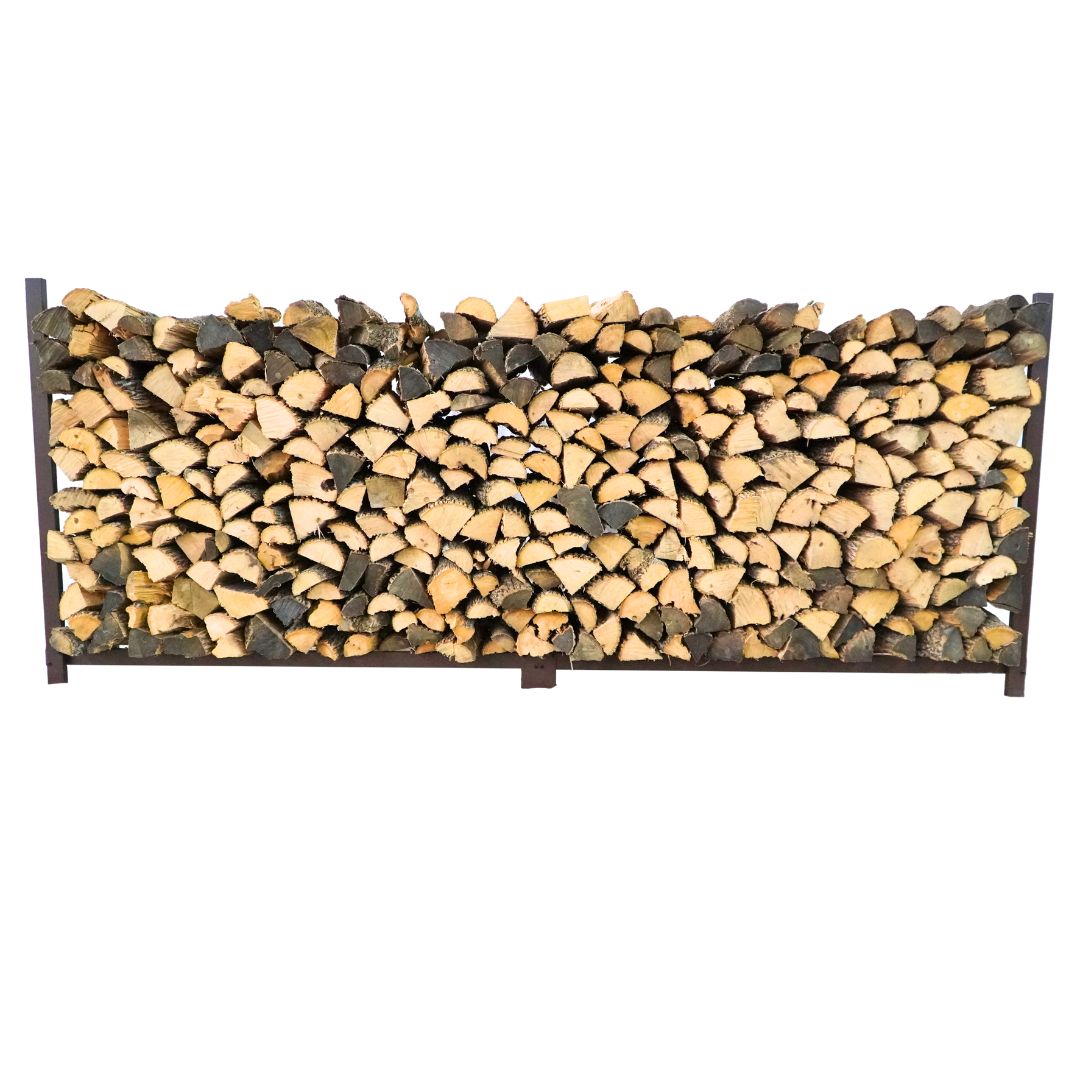 Woodhaven Brown 10 Foot Firewood Rack no cover. Holds 1/2 cord plus of wood. USA made out of steel. Measures 120 inches by 48 inches.