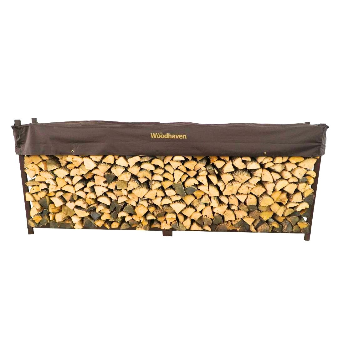 Woodhaven Brown 10 Foot Firewood Rack with cover. Holds 1/2 cord plus of wood. USA made out of steel. Measures 120 inches by 48 inches.