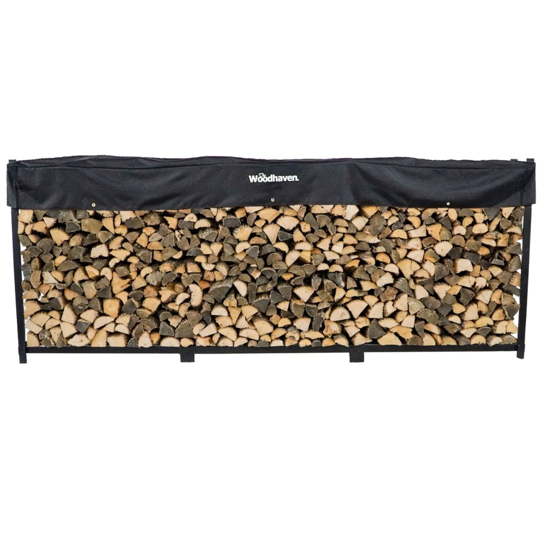 Woodhaven Black 12 Foot Firewood Rack with cover. Holds 3/4 cord of wood. USA made out of steel. Measures 144 inches by 48 inches.