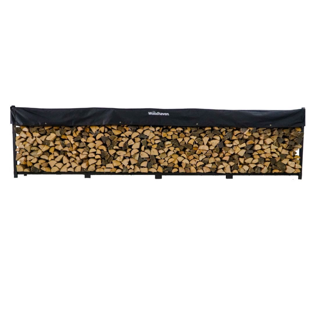 Woodhaven Black 16 Foot Firewood Rack with cover. Holds 1 cord of wood. USA made out of steel. Measures 192 inches by 48 inches.