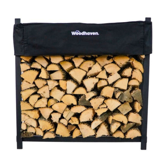 Woodhaven Black 4 Foot Firewood Rack with cover. Holds 1/4 cord of wood. USA made out of steel. Measures 48 inches by 48 inches.