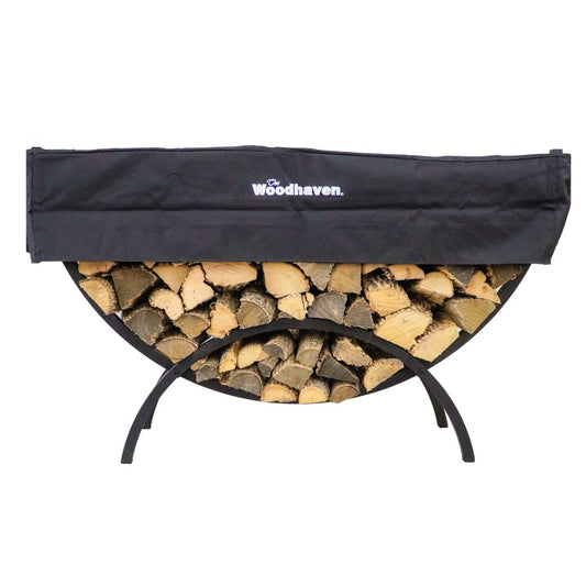 Woodhaven 5 Foot Black Crescent Indoor Outdoor Firewood Rack With Cover. Steel Log Holder. Great For Fireplaces And Fire Pits. Made In The USA.