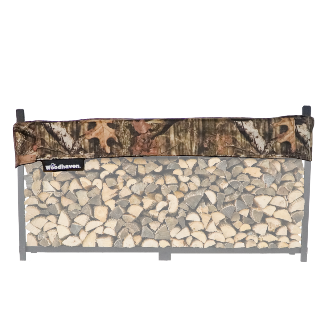 The Woodhaven Short Firewood Rack Mossy Oak Camouflage Cover size 8'