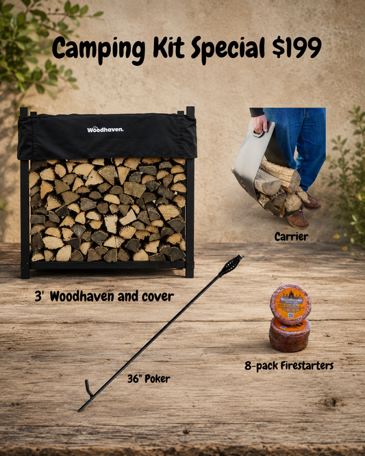 Camping kit with wood storage, carrier, poker, and firestarters on a wooden surface.