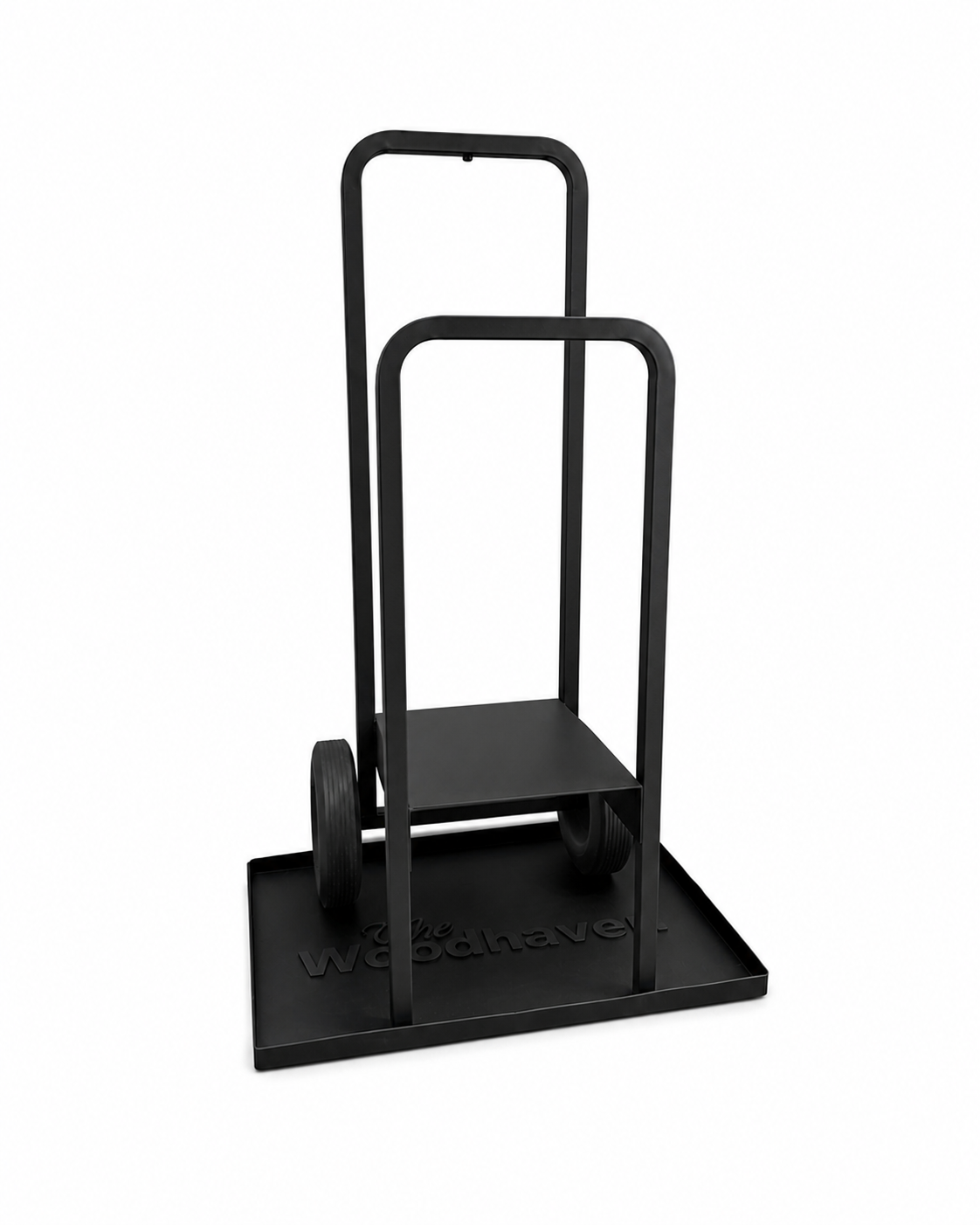 Black hand truck with 'Woodaven' branding on a white background with debris mat underneath.