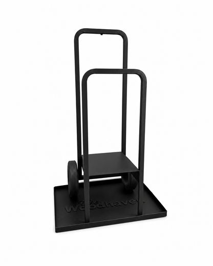 Black hand truck with 'Woodaven' branding on a white background with debris mat underneath.