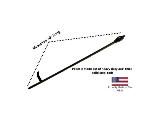 Black poker rod with measurements and text on a white background