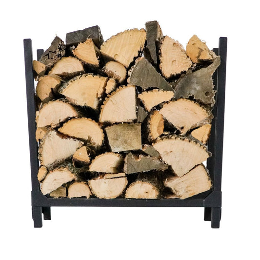 Woodhaven 2 Foot black small firewood rack. Measures 24 inches tall by 24 inches wide. Made for indoor or outdoor use. No nuts or bolts, rack slides together.