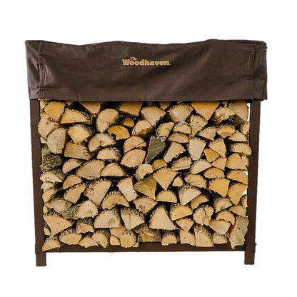 Woodhaven Brown 4 Foot Firewood Rack with cover. Holds 1/4 cord of wood. USA made out of steel. Measures 48 inches by 48 inches.