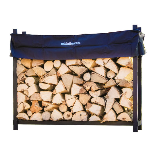 Woodhaven Black 5 Foot Firewood Rack with cover. Holds 1/4 cord plus of wood. USA made out of steel. Measures 60 inches by 48 inches.