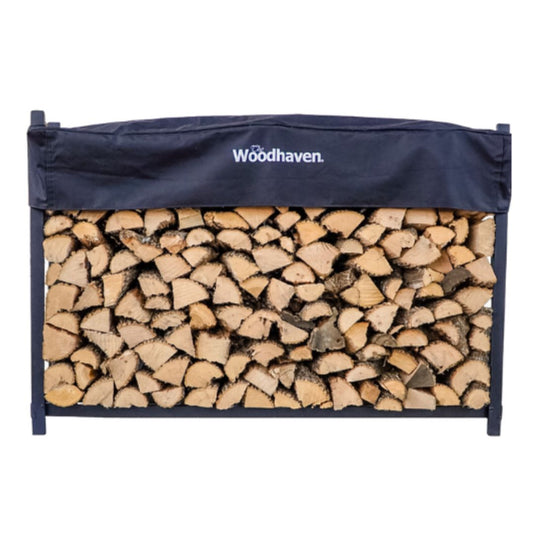 Woodhaven Black 6 Foot Firewood Rack with cover. Holds 1/3 cord of wood. USA made out of steel. Measures 72 inches by 48 inches.
