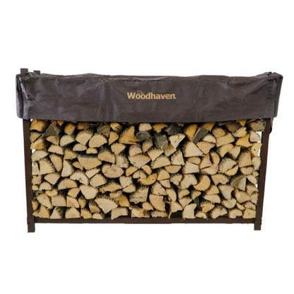 Woodhaven Brown 6 Foot Firewood Rack with cover. Holds 1/3 cord of wood. USA made out of steel. Measures 72 inches by 48 inches.