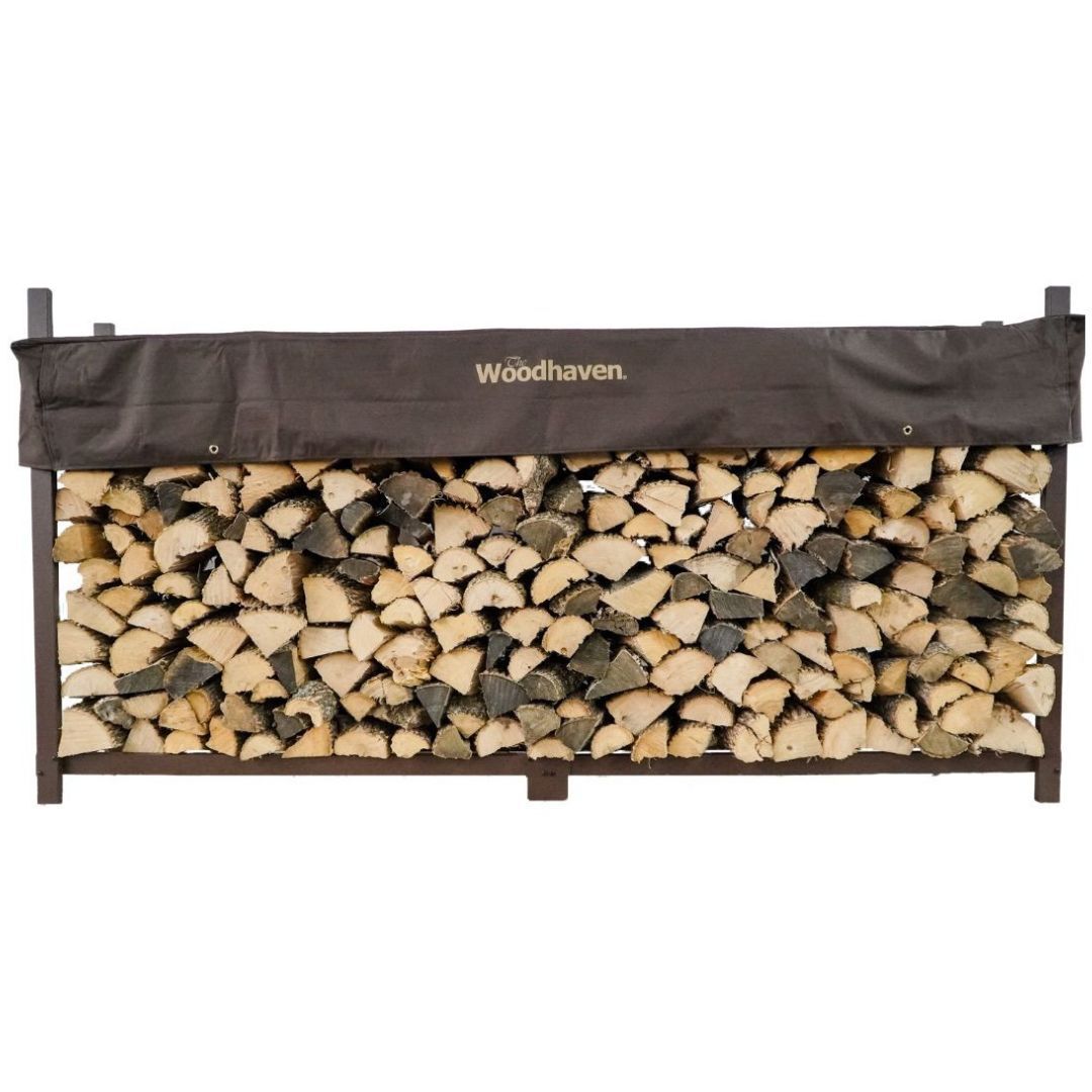 Woodhaven Brown Foot Firewood Rack with cover. Holds 1/2 cord of wood. USA made out of steel. Measures 96 inches by 48 inches.