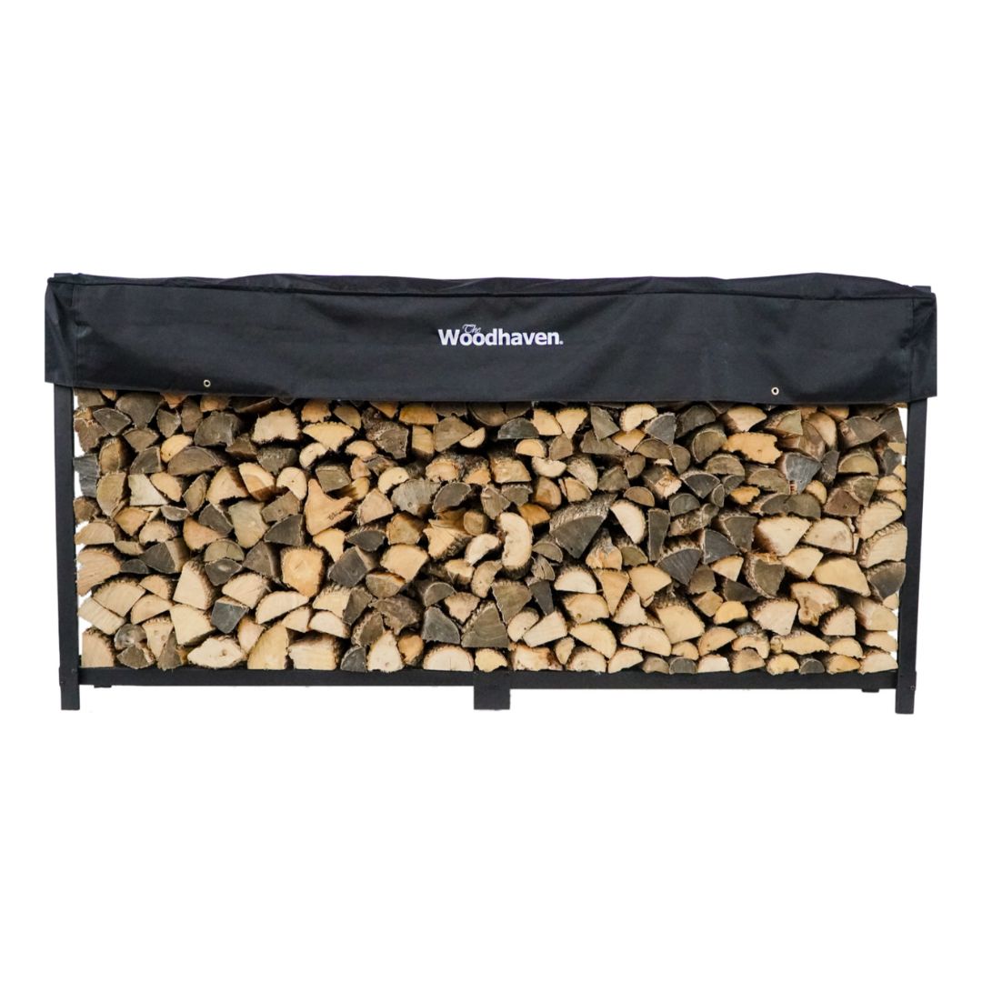 Woodhaven Black  Foot Firewood Rack with cover. Holds 1/2 cord of wood. USA made out of steel. Measures 96 inches by 48 inches.