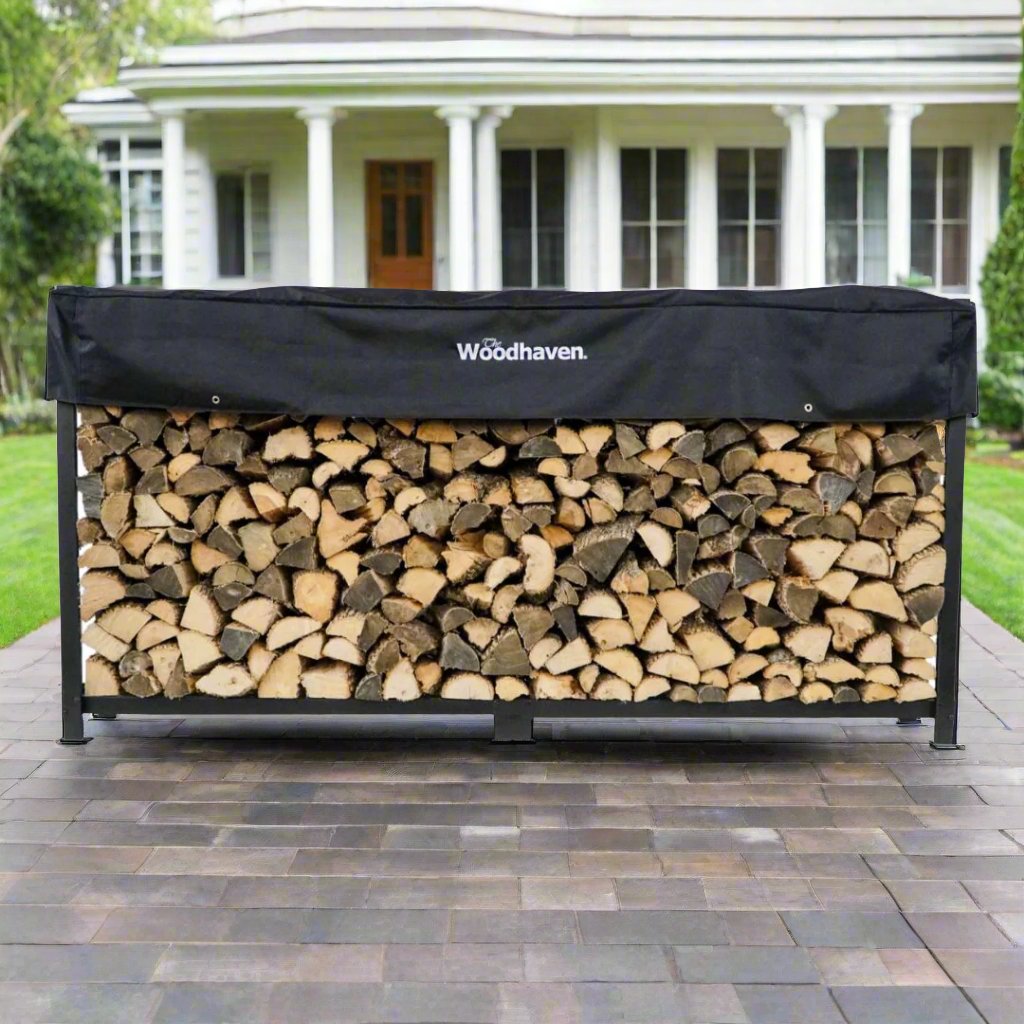 Woodhaven Black  Foot Firewood Rack with cover. Holds 1/2 cord of wood. USA made out of steel. Measures 96 inches by 48 inches.