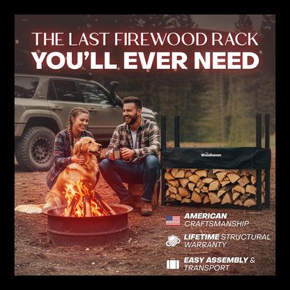 Couple with a dog by a fire pit with a Woodhaven firewood rack in the background.